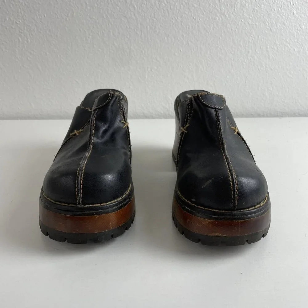 90s Y2K Vintage Soda Black Faux Leather Wooden Block Heel Platform Clogs Women 7 - Picture 3 of 12